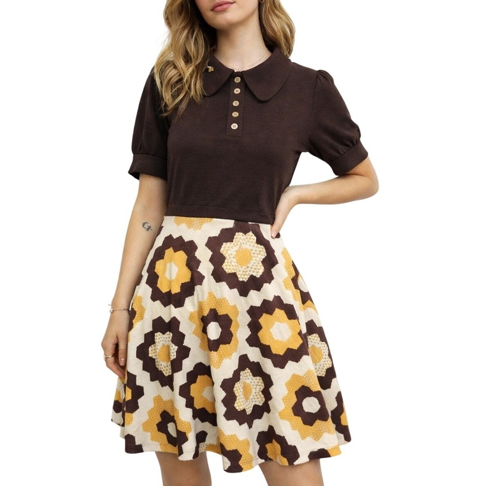 Smak Parlour Retro 70s‎ Brown Geometric Floral Midi Dress 1X Peter Pan Collar